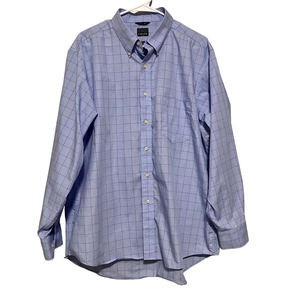 Chaps Button Down Shirt Mens Blue Grid Non-Iron Classic Fit 17.5 34/35